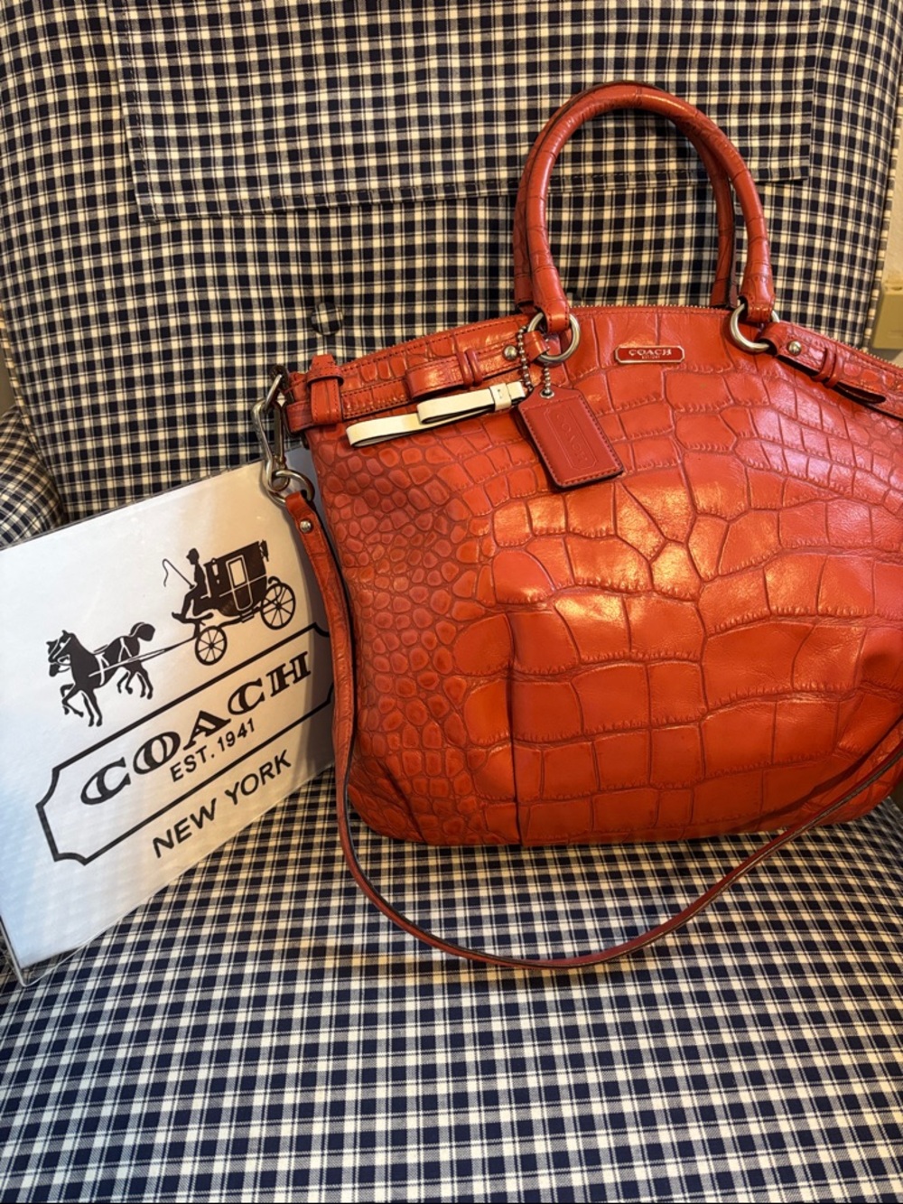 Coach Madison Lindsey  Croc-Embossed Leather Satchel in Orange
